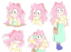 Size: 2048x1518 | Tagged: safe, artist:corgi_pumep, amy rose, 2024, alternate hairstyle, alternate outfit, blushing, multiple views, phone, purse, skirt, solo