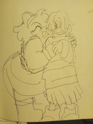 Size: 2048x2720 | Tagged: safe, artist:eelyijah, amy rose, tekno the canary, 2024, amybetes, arm around shoulders, cute, duo, eyes closed, fleetway amy, holding them, lesbian, line art, looking at them, shipping, sketch, smile, standing, teknamy, traditional media