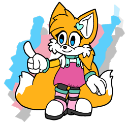 Size: 927x897 | Tagged: safe, artist:zangoonse, miles "tails" prower, 2024, alternate outfit, boots, clothes, dress, flat colors, hair pin, hair up, looking offscreen, overalls, pointing, ponytail, semi-transparent background, signature, smile, solo, standing, trans female, trans girl tails, trans pride, transgender