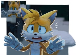 Size: 1638x1189 | Tagged: safe, artist:clearmoonbasement, miles "tails" prower, sonic the hedgehog 3 (film), 2024, abstract background, hands up, looking ahead, looking offscreen, mouth open, outline, redraw, reference inset, signature, solo, standing