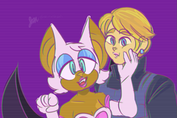 Size: 1039x696 | Tagged: safe, artist:shinxshank, agent topaz, rouge the bat, human, 2018, duo, eyebrow clipping through hair, hand under chin, lesbian, looking at viewer, pointing, purple background, roupaz, shipping, simple background, smile