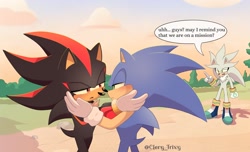 Size: 2048x1244 | Tagged: safe, artist:clery_trixy, shadow the hedgehog, silver the hedgehog, sonic the hedgehog, 2024, abstract background, blushing, dialogue, english text, gay, holding another's face, lidded eyes, looking at each other, looking at them, shadow x sonic, shipping, speech bubble, standing, trio