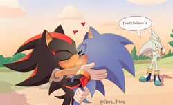 Size: 2048x1244 | Tagged: safe, artist:clery_trixy, shadow the hedgehog, silver the hedgehog, sonic the hedgehog, 2024, abstract background, blushing, dialogue, english text, gay, heart, holding each other, hugging, kiss, looking away, shadow x sonic, shipping, speech bubble, standing, trio