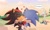 Size: 2048x1244 | Tagged: dead source, safe, artist:clery_trixy, shadow the hedgehog, silver the hedgehog, sonic the hedgehog, hedgehog, 2024, abstract background, blushing, dialogue, duo focus, english text, gay, heart, holding each other, hugging, kiss, looking away, male, shadow x sonic, shipping, speech bubble, standing, trio