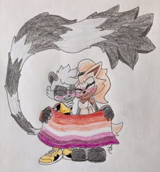 Size: 1912x2048 | Tagged: safe, artist:sonicrelated, tangle the lemur, whisper the wolf, 2022, blushing, cute, duo, eyes closed, heart tail, holding something, lesbian, lesbian pride, lesbian visibility week, pencilwork, pride, shipping, signature, smile, standing, tangle x whisper, traditional media