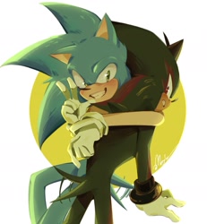 Size: 1845x1995 | Tagged: safe, artist:mangoocuri, shadow the hedgehog, sonic the hedgehog, 2024, arm around shoulders, blushing, duo, gay, holding tail, looking at viewer, looking back, looking back at viewer, shadow x sonic, shipping, smile, standing, v sign