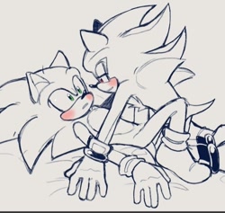 Size: 720x683 | Tagged: artist needed, safe, shadow the hedgehog, sonic the hedgehog, blushing, duo, gay, lidded eyes, line art, looking at each other, lying down, shadow x sonic, shipping, shrunken pupils