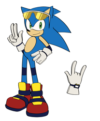 Size: 1694x2048 | Tagged: safe, artist:itz-pandora, sonic the hedgehog, devil horns (gesture), flat colors, knee braces, looking at viewer, redesign, simple background, smile, solo, sonic riders, standing, sunglasses, white background, wrist braces