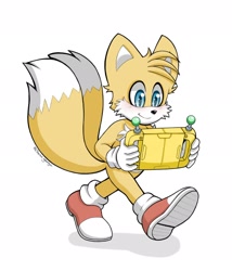 Size: 2048x2389 | Tagged: safe, artist:chelsiegeorgia, miles "tails" prower, holding something, looking at something, miles electric, movie style, simple background, smile, solo, walking, white background