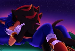 Size: 2048x1391 | Tagged: safe, artist:angellobo534, shadow the hedgehog, sonic the hedgehog, 2024, abstract background, duo, eyes closed, gay, grass, holding each other, kiss, lying down, lying on them, nighttime, outdoors, shadow x sonic, shipping, star (sky)