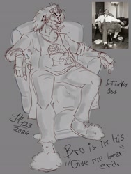 Size: 1536x2048 | Tagged: safe, artist:aftonsklaudie, robotnik, human, sonic the hedgehog 3 (film), 2024, chair, cigarette, english text, goggles, looking offscreen, messy hair, monochrome, sitting, sketch, slippers, smoking, solo