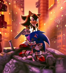 Size: 1440x1600 | Tagged: safe, artist:ssjsophia, shadow the hedgehog, sonic the hedgehog, 2024, abstract background, clenched teeth, duo, frown, gun, holding something, injured, outdoors, redraw, rubble, shadow the hedgehog (video game), signature, stain, westopolis