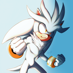 Size: 2048x2048 | Tagged: safe, artist:ren-yu, silver the hedgehog, 2020, clenched fists, gradient background, looking offscreen, outdoors, smile, standing