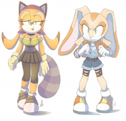 Size: 2012x1943 | Tagged: safe, artist:yaniis15, cream the rabbit, marine the raccoon, 2021, aged up, alternate outfit, clenched teeth, clothes, crop jacket, duo, frown, jacket, leggings, lidded eyes, looking at viewer, looking offscreen, necklace, older, shirt, shorts, signature, simple background, skirt, smile, standing, white background