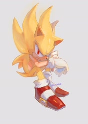 Size: 1448x2048 | Tagged: safe, artist:nibonibo05, sonic the hedgehog, super sonic, 2024, frown, grey background, looking at viewer, signature, simple background, sitting, super form