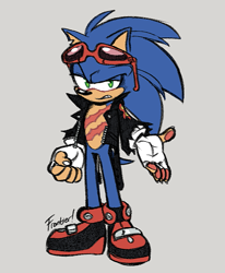 Size: 655x795 | Tagged: safe, artist:scourgefrontier, hedgehog, anti-sonic, blue fur, fingerless gloves, glasses, glasses on head, green eyes, jacket, male, scars, shoes, sunglasses