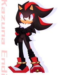 Size: 1080x1350 | Tagged: safe, artist:kazuna_endi, shadow the hedgehog, hedgehog, asymmetrical legwear, black fur, jacket, male, red eyes, red fur, shoes, single loose sock, single thighhigh