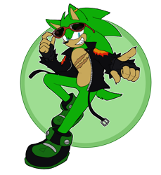 Size: 856x934 | Tagged: artist needed, safe, scourge the hedgehog, hedgehog, blue eyes, fingerless gloves, glasses, glasses on head, gloves, green fur, jacket, male, scars, sharp teeth, shoes