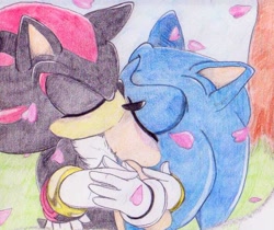 Size: 694x583 | Tagged: safe, artist:amortem-kun, shadow the hedgehog, sonic the hedgehog, 2010, abstract background, blushing, cherry blossom petals, duo, eyes closed, gay, grass, holding each other, outdoors, pencilwork, shadow x sonic, shipping, traditional media, tree