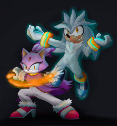 Size: 1897x2048 | Tagged: safe, artist:seagull-scribbles, blaze the cat, silver the hedgehog, black background, duo, fire, flying, frown, looking at viewer, looking up, psychokinesis, simple background, smile, standing