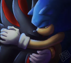 Size: 1256x1112 | Tagged: safe, artist:ivy_kay01, shadow the hedgehog, sonic the hedgehog, 2024, duo, eyes closed, gay, holding each other, hugging, shadow x sonic, shipping, signature