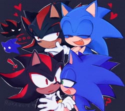 Size: 2048x1821 | Tagged: safe, artist:roxazure, shadow the hedgehog, sonic the hedgehog, ..., 2024, blushing, cute, duo, exclamation mark, frown, gay, hand under chin, heart, heart tongue, holding each other, lidded eyes, mouth open, one fang, question mark, shadow x sonic, shadowbetes, shipping, signature, simple background, smile, sonabetes