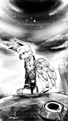 Size: 864x1536 | Tagged: safe, artist:9noca, miles "tails" prower, nine, sonic prime, 2024, abstract background, black and white, frown, lidded eyes, looking offscreen, solo, sonic prime s3, standing