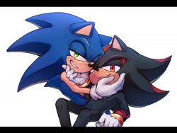 Size: 2000x1500 | Tagged: safe, artist:potatokoko, shadow the hedgehog, sonic the hedgehog, 2024, border, duo, gay, holding each other, lidded eyes, shadow x sonic, shipping, simple background, smile, white background