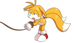 Size: 1248x702 | Tagged: safe, artist:seen023hey, miles "tails" prower, 2024, alternate version, bending over, floppy ears, lidded eyes, looking offscreen, mouth open, offscreen character, rope, simple background, solo, standing, sweatdrop, white background