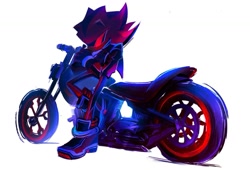 Size: 1393x949 | Tagged: safe, artist:chowadoe, 2024, arms folded, dark rider, leaning back, motorcycle, phantom rider, simple background, solo, standing on one leg, white background