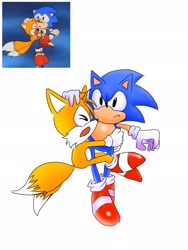 Size: 1536x2048 | Tagged: safe, artist:lok_cd, miles "tails" prower, sonic the hedgehog, sonic the ova, 2024, duo, frown, holding them, redraw, reference inset, scared, simple background, standing, white background