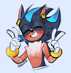 Size: 760x783 | Tagged: safe, artist:ghostie-juice, oc, oc:coy the hedgehog, 2024, blushing, double v sign, ear piercing, earring, eyes closed, fankid, grey background, oc only, parent:shadow, parent:sonic, parents:sonadow, signature, simple background, smile, solo, v sign