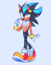 Size: 1500x1900 | Tagged: safe, artist:ghostie_goose, oc, oc:coy the hedgehog, 2024, blue background, chest fluff, ear piercing, earring, fankid, heterochromia, looking offscreen, oc only, parent:shadow, parent:sonic, parents:sonadow, signature, simple background, smile, solo, walking