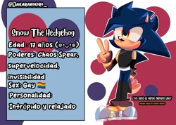 Size: 1080x768 | Tagged: safe, artist:dakarakokoro, oc, oc:snow the hedgehog, hedgehog, abstract background, character name, fankid, gay, looking offscreen, magical gay spawn, oc only, outline, parent:shadow, parent:sonic, parents:sonadow, reference sheet, smile, solo, spanish text, v sign