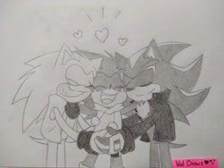 Size: 2048x1536 | Tagged: safe, artist:crushingdreams_, shadow the hedgehog, sonic the hedgehog, oc, oc:sana the hedgehog, 2020, alternate outfit, clenched teeth, cute, eyes closed, family, fankid, father and child, father and daughter, gay, heart, hugging, magical gay spawn, mouth open, parent:shadow, parent:sonic, parents:sonadow, pencilwork, shadow x sonic, shipping, signature, smile, standing, traditional media, trio, wholesome