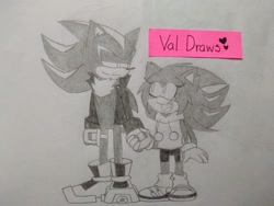 Size: 2048x1536 | Tagged: safe, artist:crushingdreams_, shadow the hedgehog, oc, oc:sana the hedgehog, 2020, alternate outfit, duo, fankid, father and child, father and daughter, holding hands, lidded eyes, looking at each other, magical gay spawn, parent:shadow, parent:sonic, parents:sonadow, pencilwork, signature, smile, standing, traditional media
