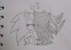 Size: 2048x1452 | Tagged: safe, artist:crushingdreams_, shadow the hedgehog, sonic the hedgehog, 2020, duo, eyes closed, gay, heart, holding each other, hugging, kiss, pencilwork, shadow x sonic, shipping, signature, traditional media, wagging tail
