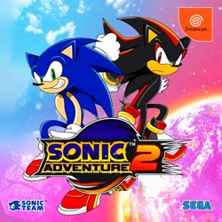 Size: 2048x2048 | Tagged: safe, artist:crushingdreams_, shadow the hedgehog, sonic the hedgehog, sonic adventure 2, 2020, abstract background, box art, duo, frown, looking at viewer, redraw, smile, soap shoes