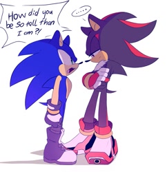 Size: 991x1024 | Tagged: safe, artist:3511vo, shadow the hedgehog, sonic the hedgehog, ..., 2020, arms folded, dialogue, duo, english text, gay, looking at each other, shadow x sonic, shipping, simple background, speech bubble, white background