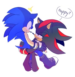 Size: 991x1024 | Tagged: safe, artist:3511vo, shadow the hedgehog, sonic the hedgehog, 2020, carrying them, dialogue, duo, english text, frown, gay, lidded eyes, looking at each other, picking them up, shadow x sonic, shipping, simple background, smile, speech bubble, standing, surprised, white background
