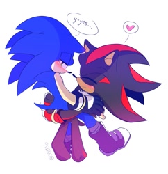 Size: 991x1024 | Tagged: safe, artist:3511vo, shadow the hedgehog, sonic the hedgehog, 2020, blushing, carrying them, cute, dialogue, duo, english text, eyes closed, gay, heart, lidded eyes, picking them up, pout, shadow x sonic, shadowbetes, shipping, signature, simple background, smile, sonabetes, speech bubble, white background