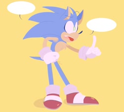 Size: 1000x900 | Tagged: safe, artist:kaibubbless, sonic the hedgehog, 2020, bending over, hand on hip, lineless, looking offscreen, mouth open, pointing, simple background, solo, speech bubble, standing, yellow background
