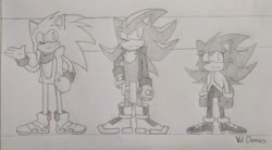 Size: 2048x1127 | Tagged: safe, artist:crushingdreams_, shadow the hedgehog, sonic the hedgehog, oc, oc:sana the hedgehog, 2020, family, fankid, father and child, father and daughter, frown, headcanon, height comparison, looking at viewer, magical gay spawn, parent:shadow, parent:sonic, parents:sonadow, pencilwork, signature, smile, standing, traditional media, trio