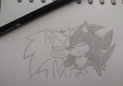 Size: 2048x1424 | Tagged: safe, artist:crushingdreams_, shadow the hedgehog, sonic the hedgehog, 2020, duo, frown, gay, lidded eyes, looking at viewer, pencilwork, shadow x sonic, shipping, signature, smile, traditional media