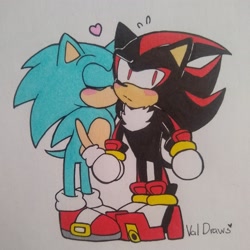 Size: 2048x2048 | Tagged: safe, artist:crushingdreams_, shadow the hedgehog, sonic the hedgehog, 2020, blushing, cute, duo, eyes closed, gay, heart, holding hands, kiss on cheek, looking away, markerwork, shadow x sonic, shadowbetes, shipping, signature, sonabetes, standing, traditional media