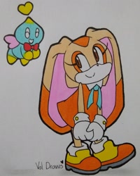 Size: 1639x2048 | Tagged: safe, artist:crushingdreams_, cheese (chao), cream the rabbit, chao, 2020, cute, duo, eyes closed, flying, hands together, heart, looking at them, markerwork, neutral chao, signature, smile, standing, traditional media