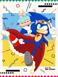 Size: 1537x2048 | Tagged: safe, artist:crushingdreams_, sonic the hedgehog, 2020, abstract background, birthday, cake, cape, falling, flower crown, holding something, looking at viewer, mid-air, plate, signature, solo, v sign, wink