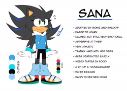 Size: 2048x1483 | Tagged: safe, artist:crushingdreams_, oc, oc:sana the hedgehog, 2020, character name, english text, fankid, looking offscreen, parent:shadow, parent:sonic, parents:sonadow, reference sheet, signature, simple background, smile, solo, standing, white background