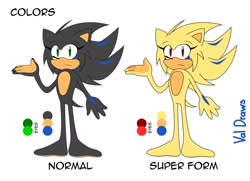 Size: 2048x1483 | Tagged: safe, artist:crushingdreams_, oc, oc:sana the hedgehog, 2020, barefoot, duality, english text, fankid, frown, gloves off, looking offscreen, parent:shadow, parent:sonic, parents:sonadow, reference sheet, signature, simple background, solo, standing, super form, super oc, white background