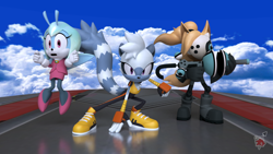Size: 1920x1080 | Tagged: safe, artist:none_ofbusiness, jewel the beetle, tangle the lemur, whisper the wolf, sonic heroes, 2020, 3d, abstract background, alternate universe, clouds, diamond cutters, egg fleet, looking at viewer, signature, trio